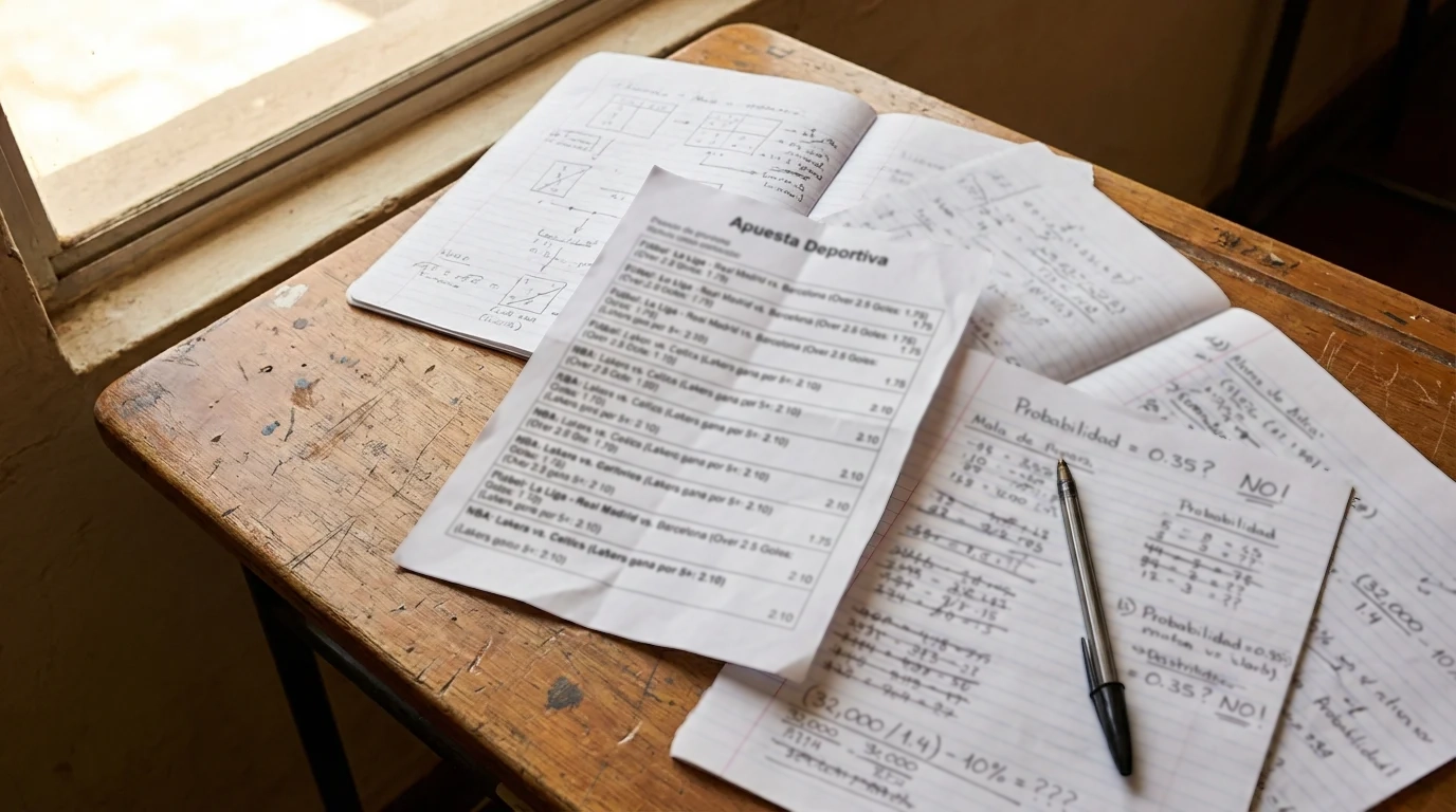 Persona analizando un boleto de apuestas deportivas sobre una mesa con notas escritas a mano