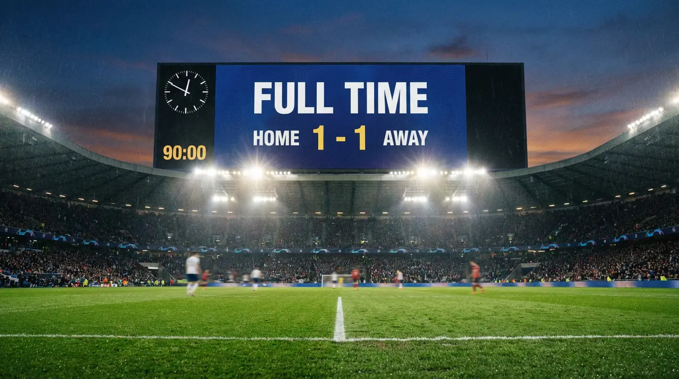 Marcador de fútbol mostrando un empate con el estadio y el campo de césped natural de fondo