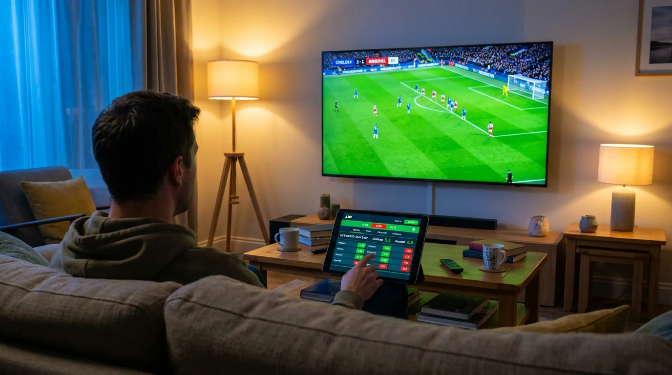 Persona viendo un partido de fútbol en televisión con una tablet mostrando cuotas en tiempo real