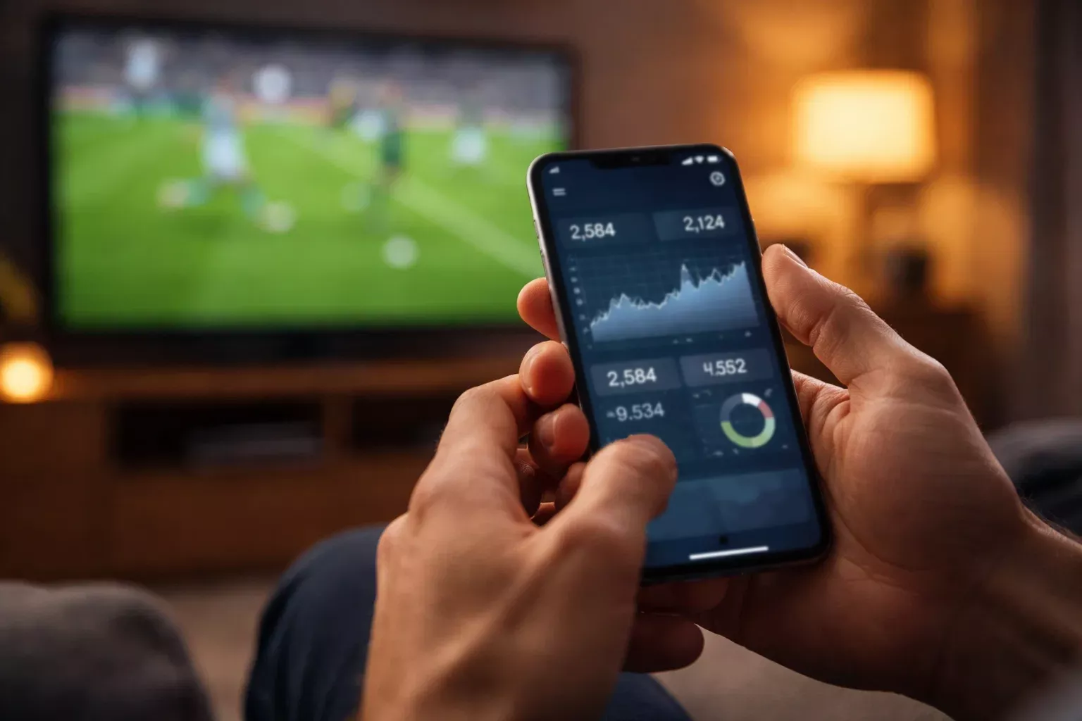 Aficionado viendo partido de fútbol en directo con smartphone en mano