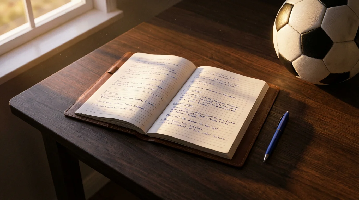 Cuaderno de registro de apuestas de fútbol sobre una mesa de madera junto a un balón de fútbol