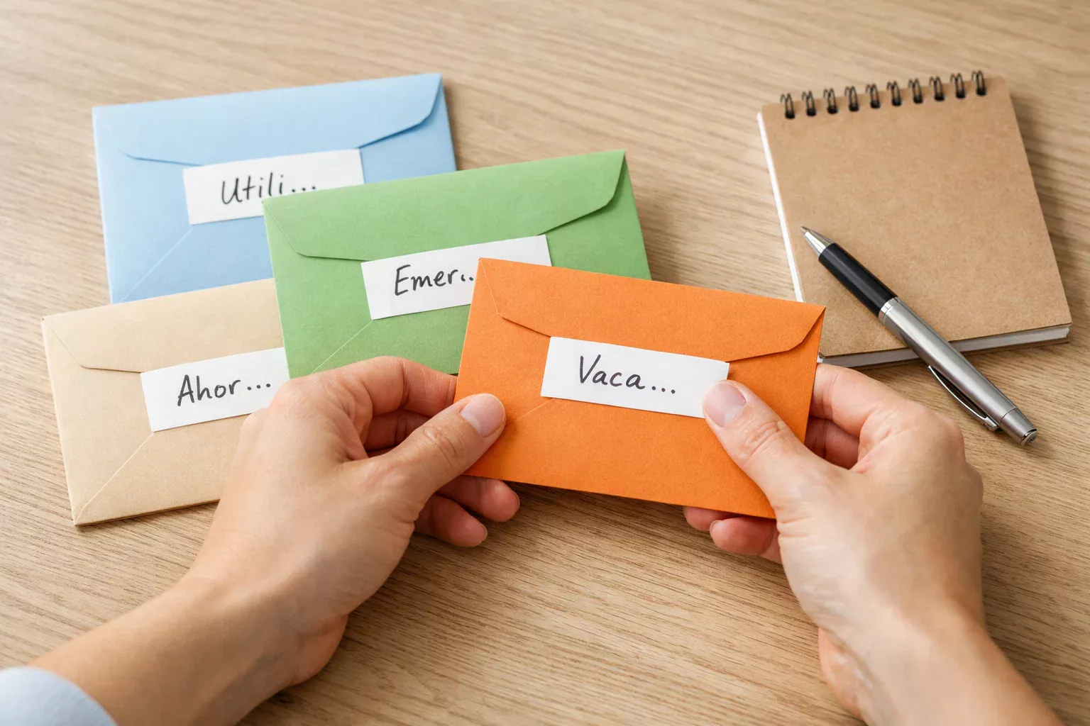 Manos separando fondos en diferentes sobres para organizar finanzas personales