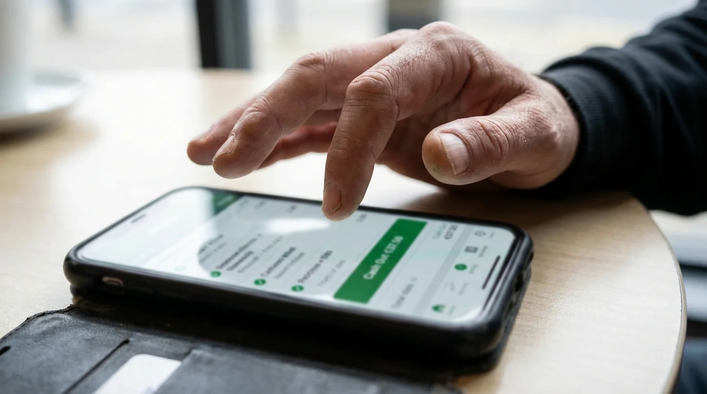 Mano dudando sobre un botón verde de cash out en la pantalla de un móvil con una apuesta deportiva