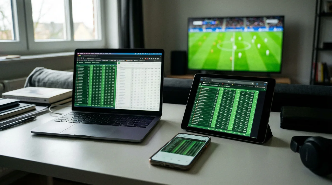 Varios dispositivos mostrando diferentes cuotas de apuestas de fútbol sobre un escritorio