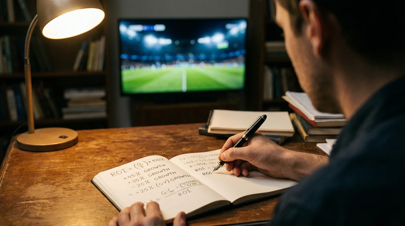 Persona escribiendo fórmulas matemáticas en una libreta con un partido de fútbol de fondo borroso