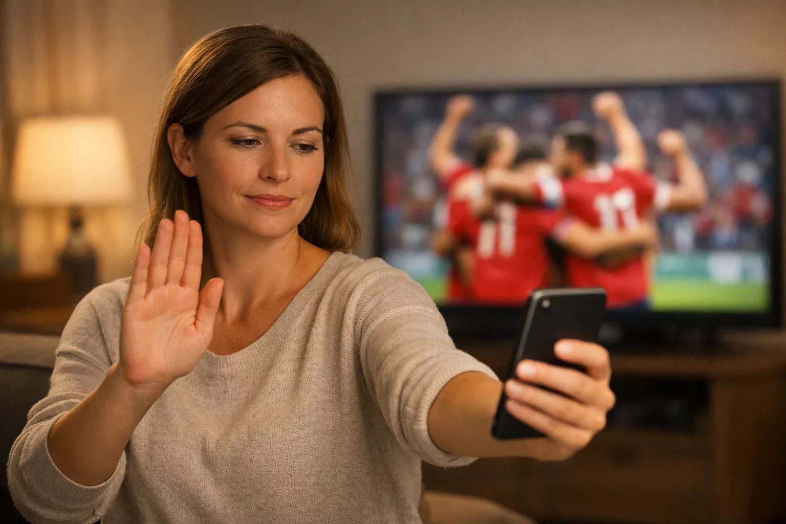 Persona alej&aacute;ndose del m&oacute;vil despu&eacute;s de ver un gol en el partido de f&uacute;tbol