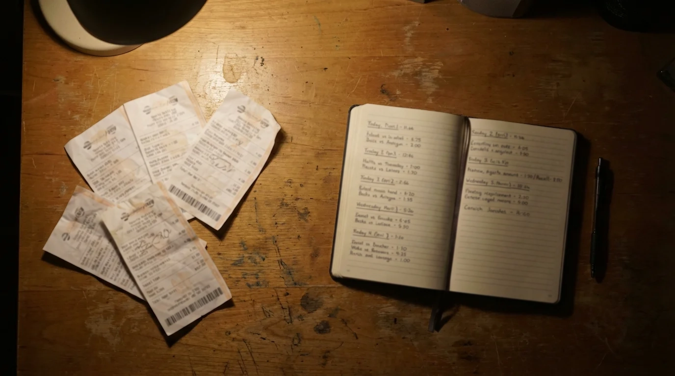 Boletos de apuestas deportivas arrugados y descartados sobre una mesa junto a un cuaderno de notas