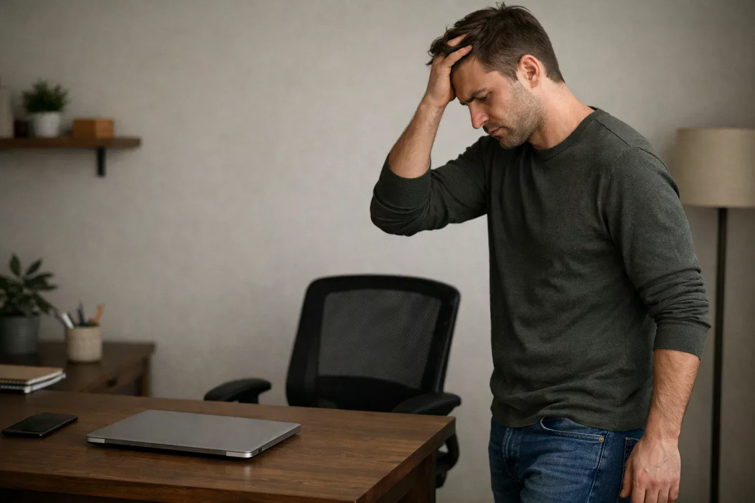 Persona con expresión de frustración alejándose de la pantalla del ordenador