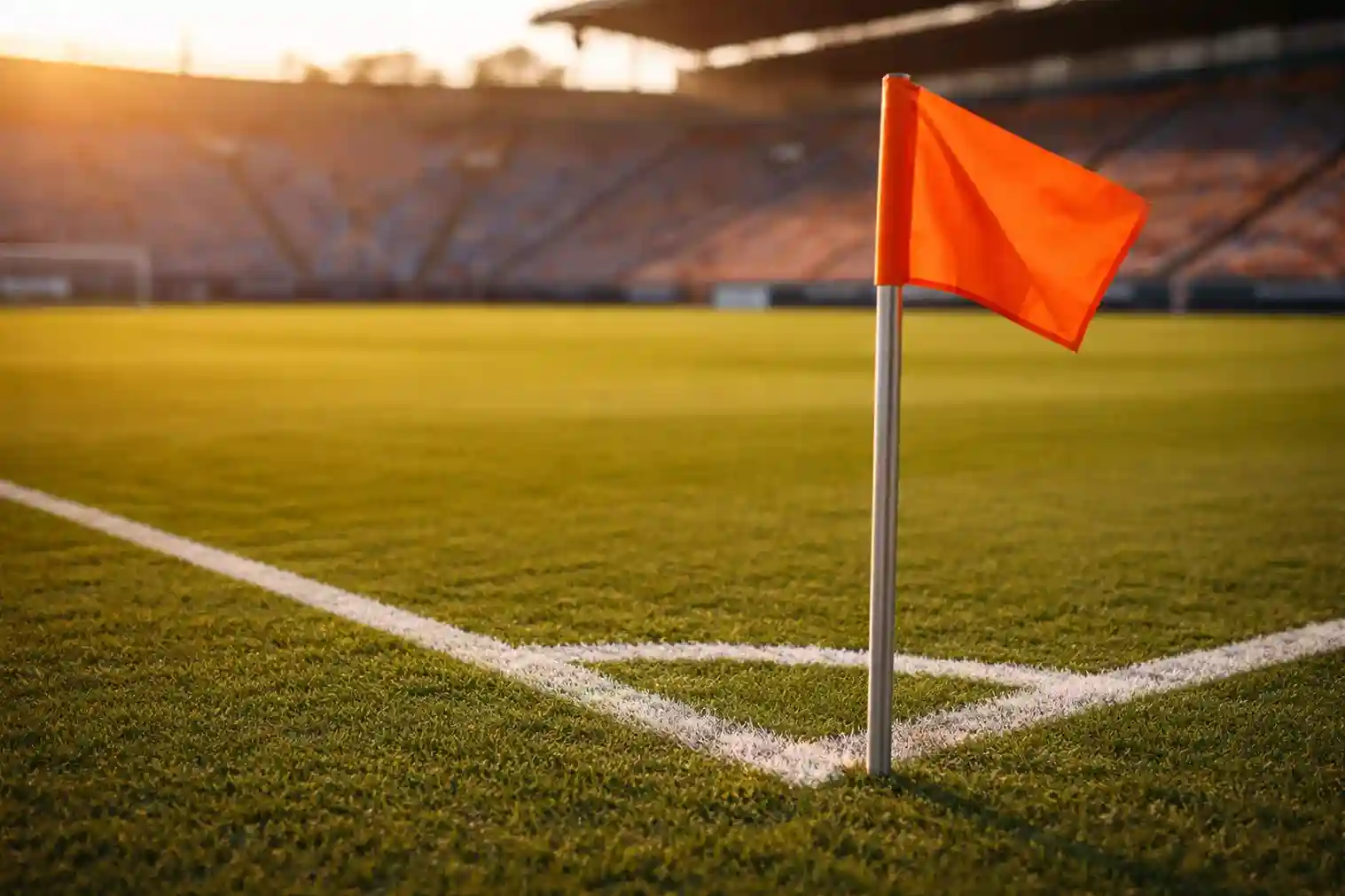 Banderín de córner en campo de fútbol profesional con césped verde
