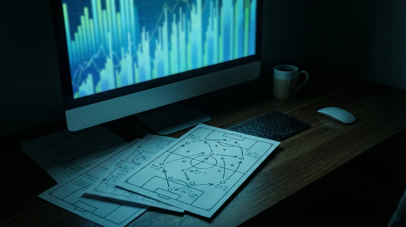 Pantalla de ordenador mostrando gráficos estadísticos de fútbol junto a un campo de fútbol impreso