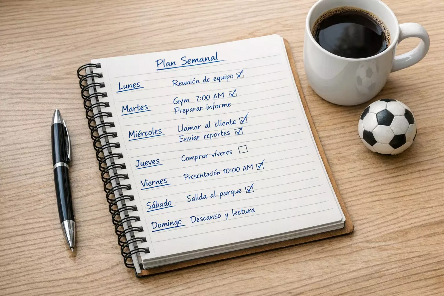 Cuaderno de notas con plan de acci&oacute;n semanal para analizar partidos de f&uacute;tbol y apuestas