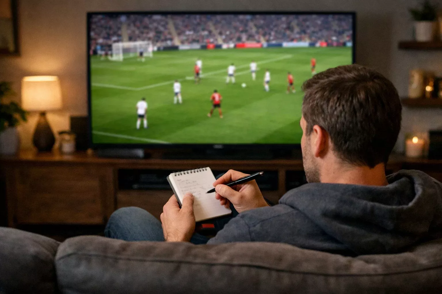 Persona tomando notas mientras ve un partido de fútbol en televisión