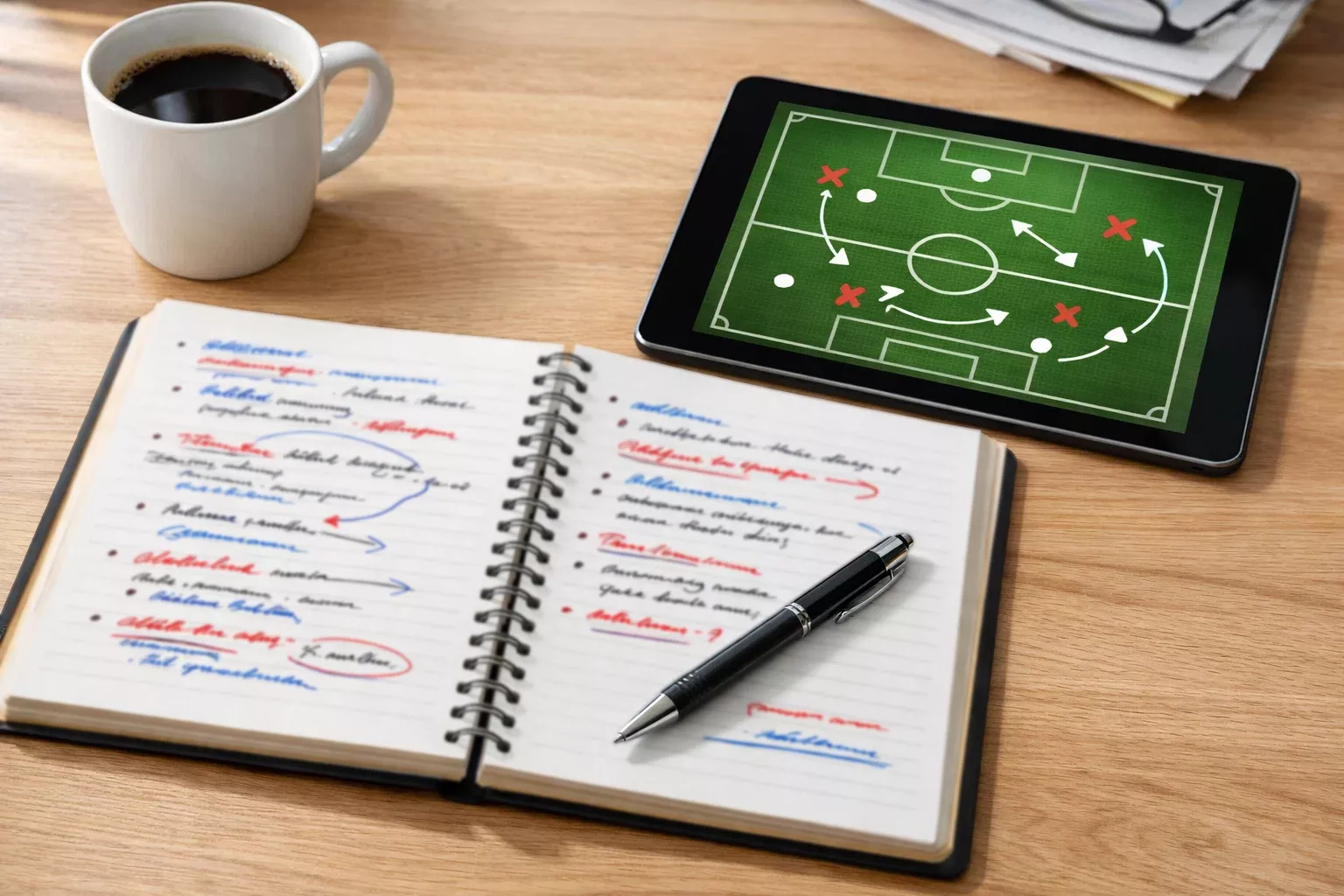 Cuaderno con notas estrat&eacute;gicas sobre apuestas junto a una tablet mostrando un campo de f&uacute;tbol