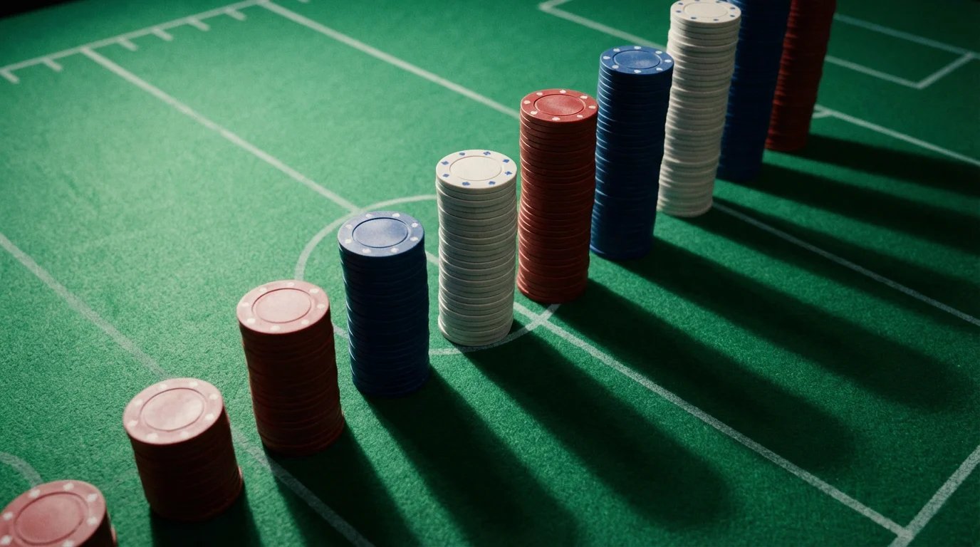 Fichas de apuestas ordenadas en columnas de diferentes alturas sobre un tapete verde de fútbol