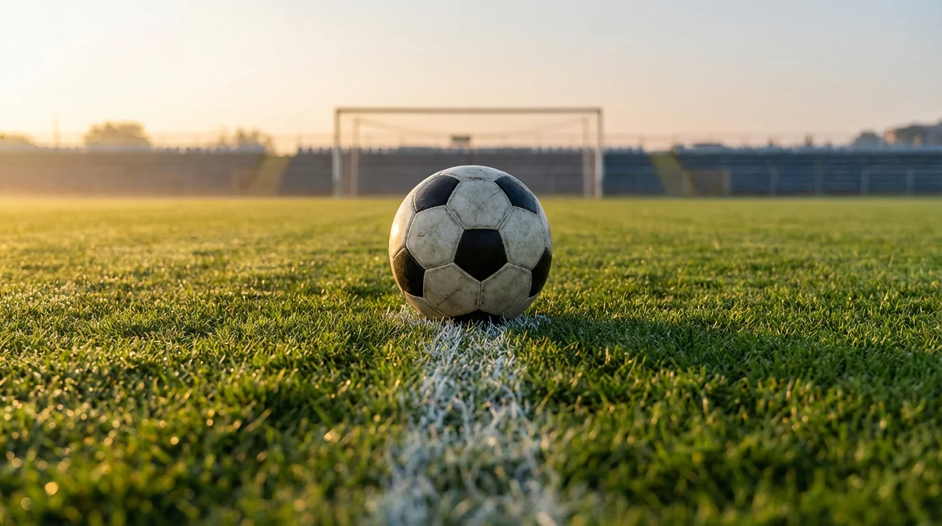 Balón de fútbol sobre un campo de césped natural con líneas blancas marcando la zona de equilibrio