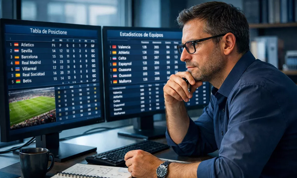Analista deportivo estudiando estadísticas de fútbol en múltiples pantallas con datos de partidos