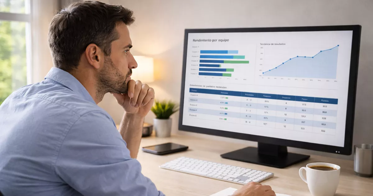 Analista revisando estadísticas de fútbol en pantalla con datos de rendimiento de equipos