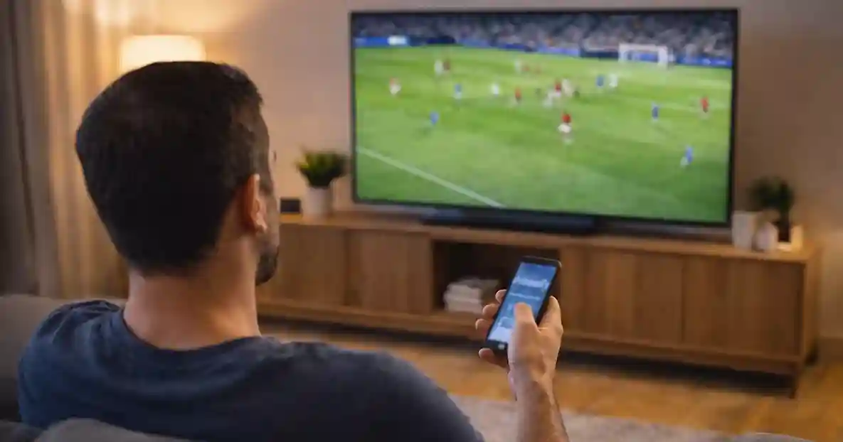 Aficionado de fútbol viendo partido en televisión con teléfono móvil en mano