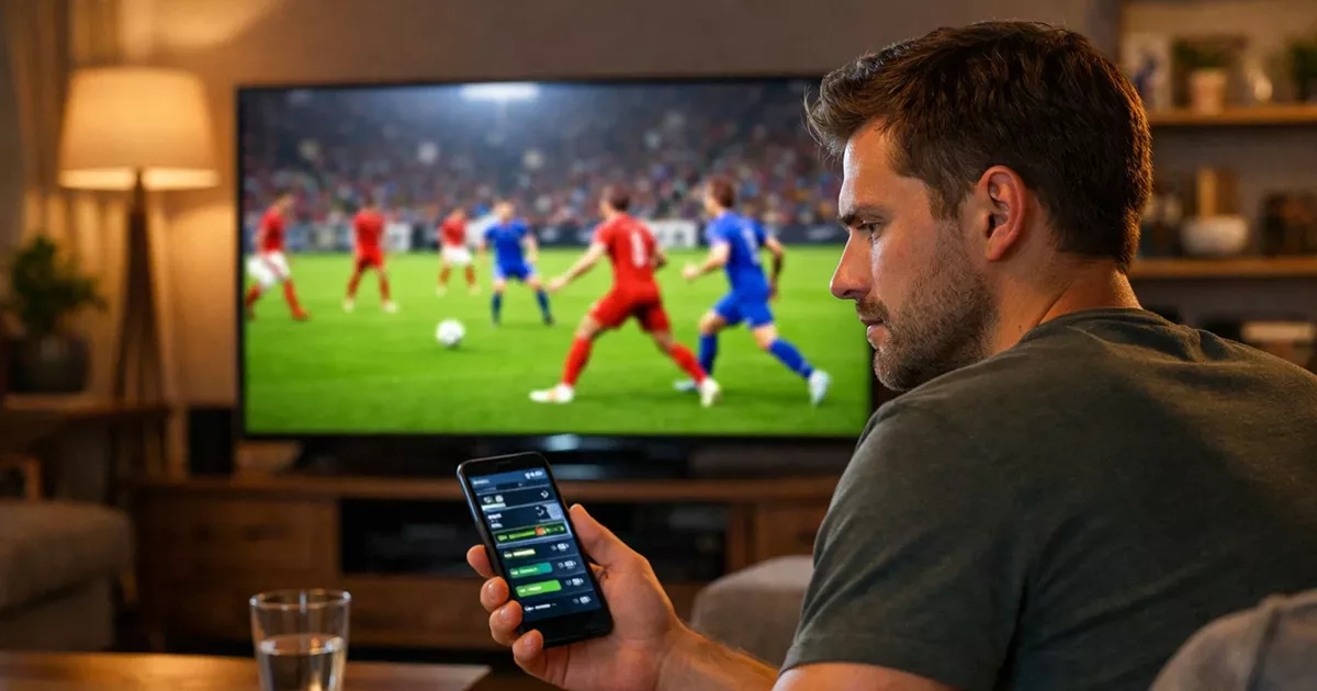 Aficionado viendo partido de fútbol en televisión con móvil en mano siguiendo estadísticas en tiempo real
