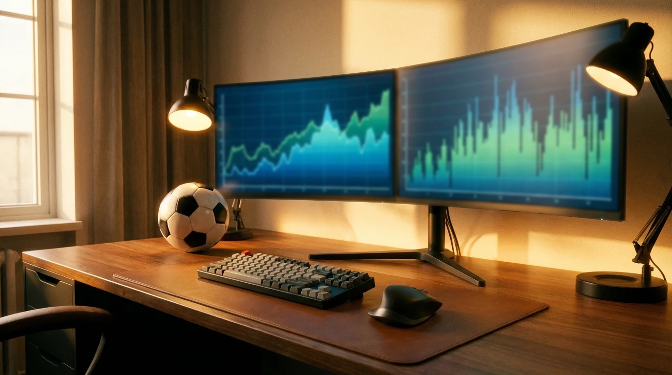 Escritorio con múltiples pantallas mostrando gráficos y un balón de fútbol sobre la mesa