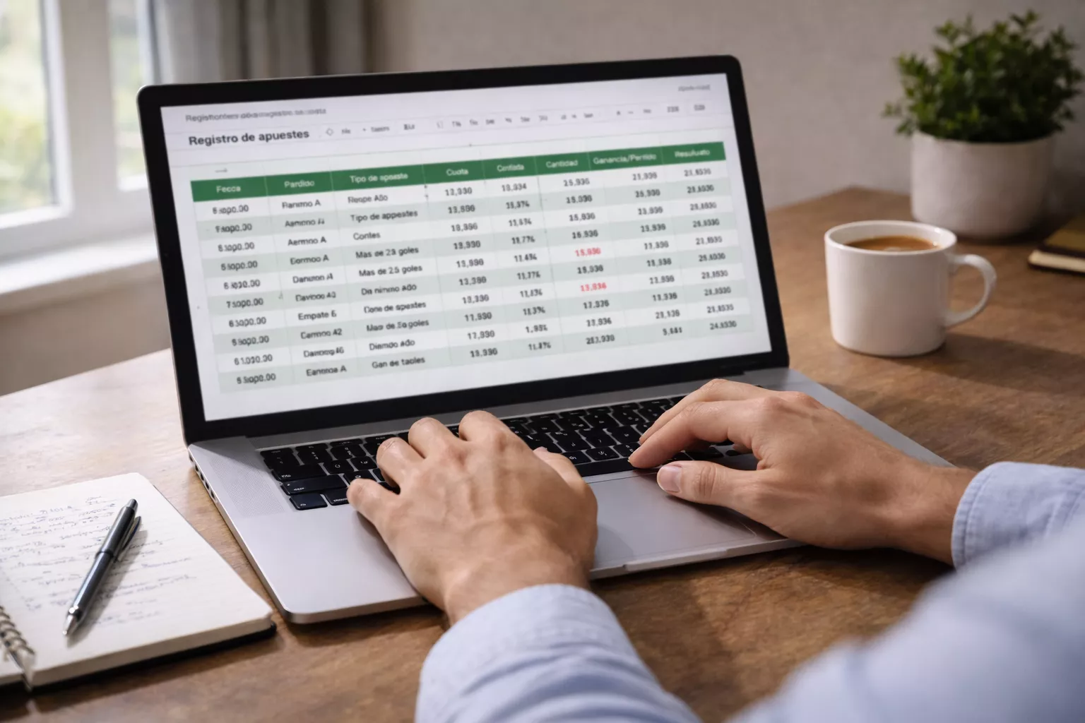 Escritorio con ordenador portátil mostrando una hoja de cálculo con registros de apuestas