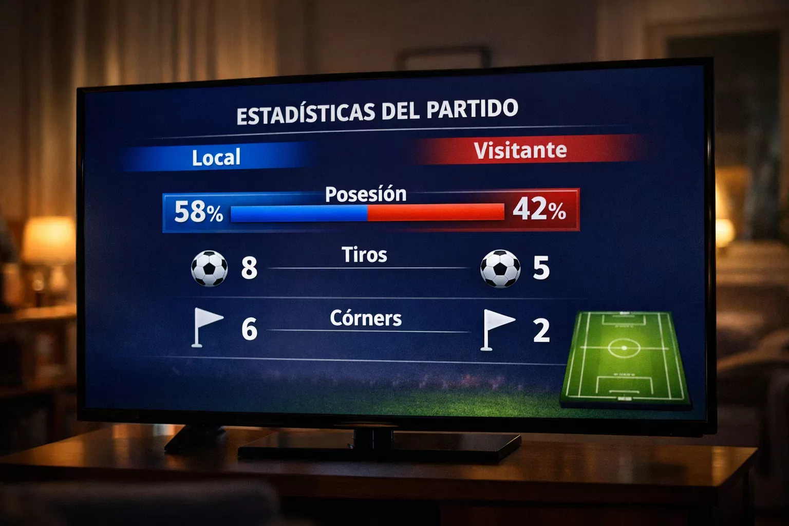 Pantalla con estad&iacute;sticas de partido de f&uacute;tbol mostrando posesi&oacute;n tiros y c&oacute;rners