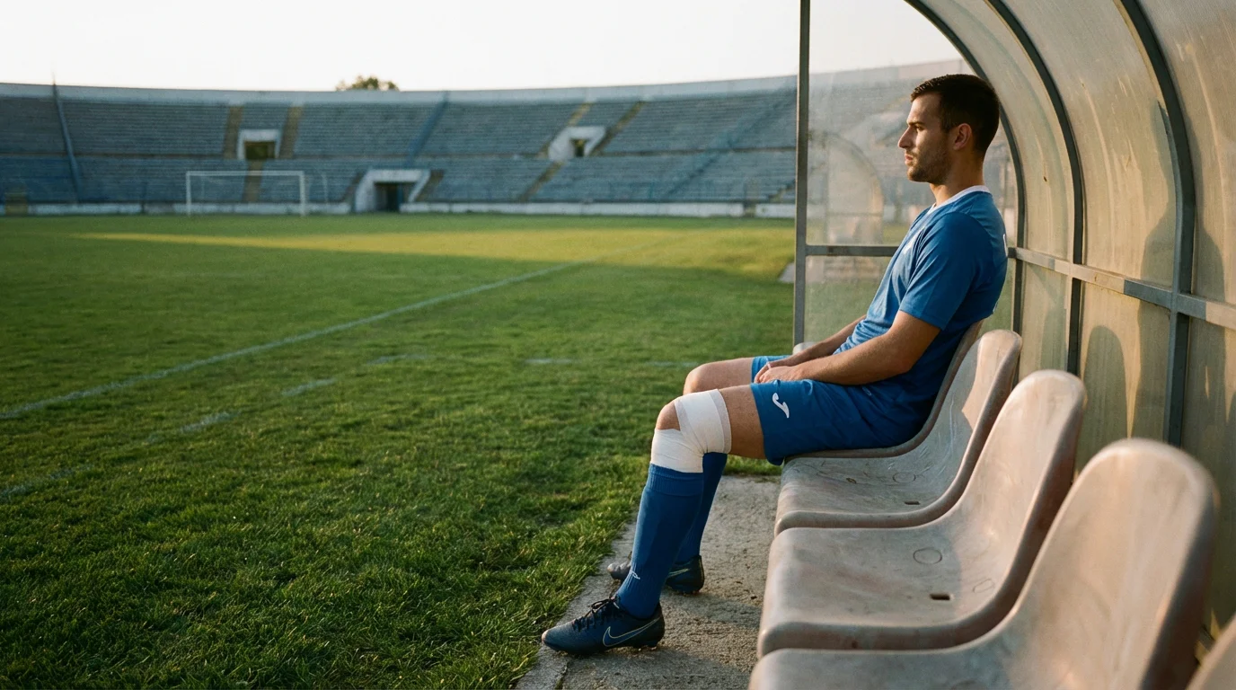 Jugador de fútbol sentado en el banquillo con una venda en la rodilla mirando el campo