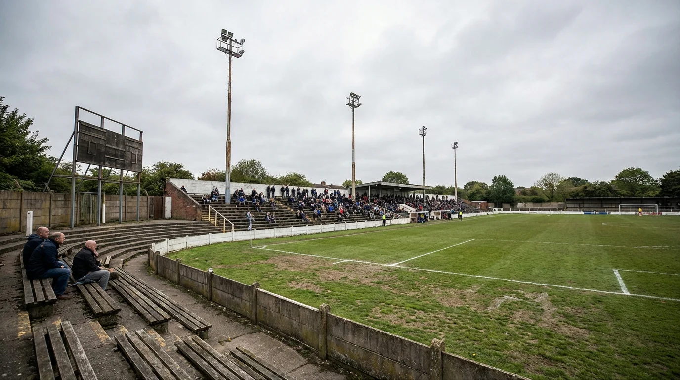 Pequeño estadio de fútbol de liga menor con gradas modestas y campo de césped natural