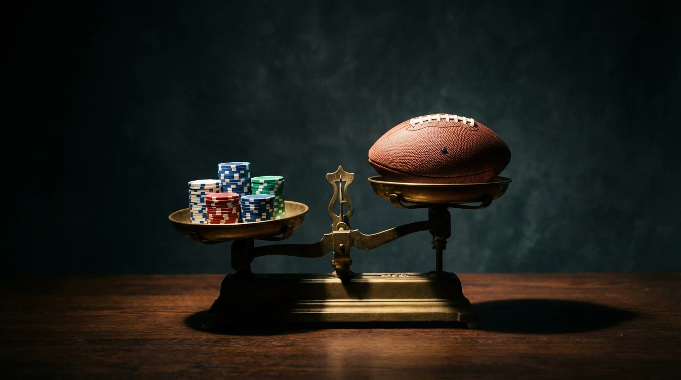 Balanza de precisión con fichas de apuestas en un lado y un balón de fútbol en el otro