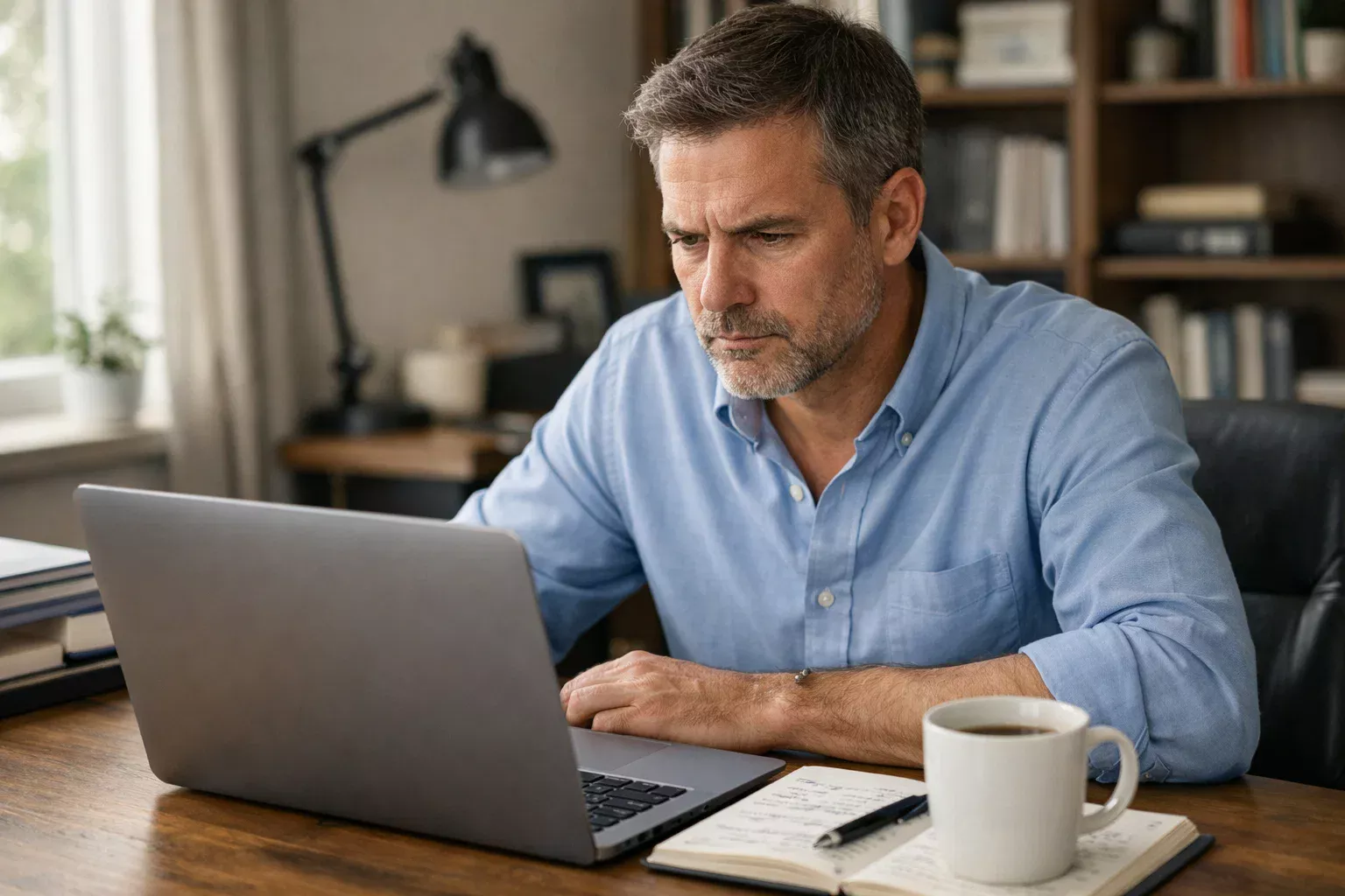 Hombre concentrado analizando datos de partidos en su escritorio