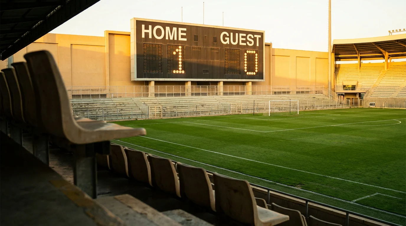 Marcador de un estadio de fútbol mostrando el resultado de un partido con césped verde de fondo