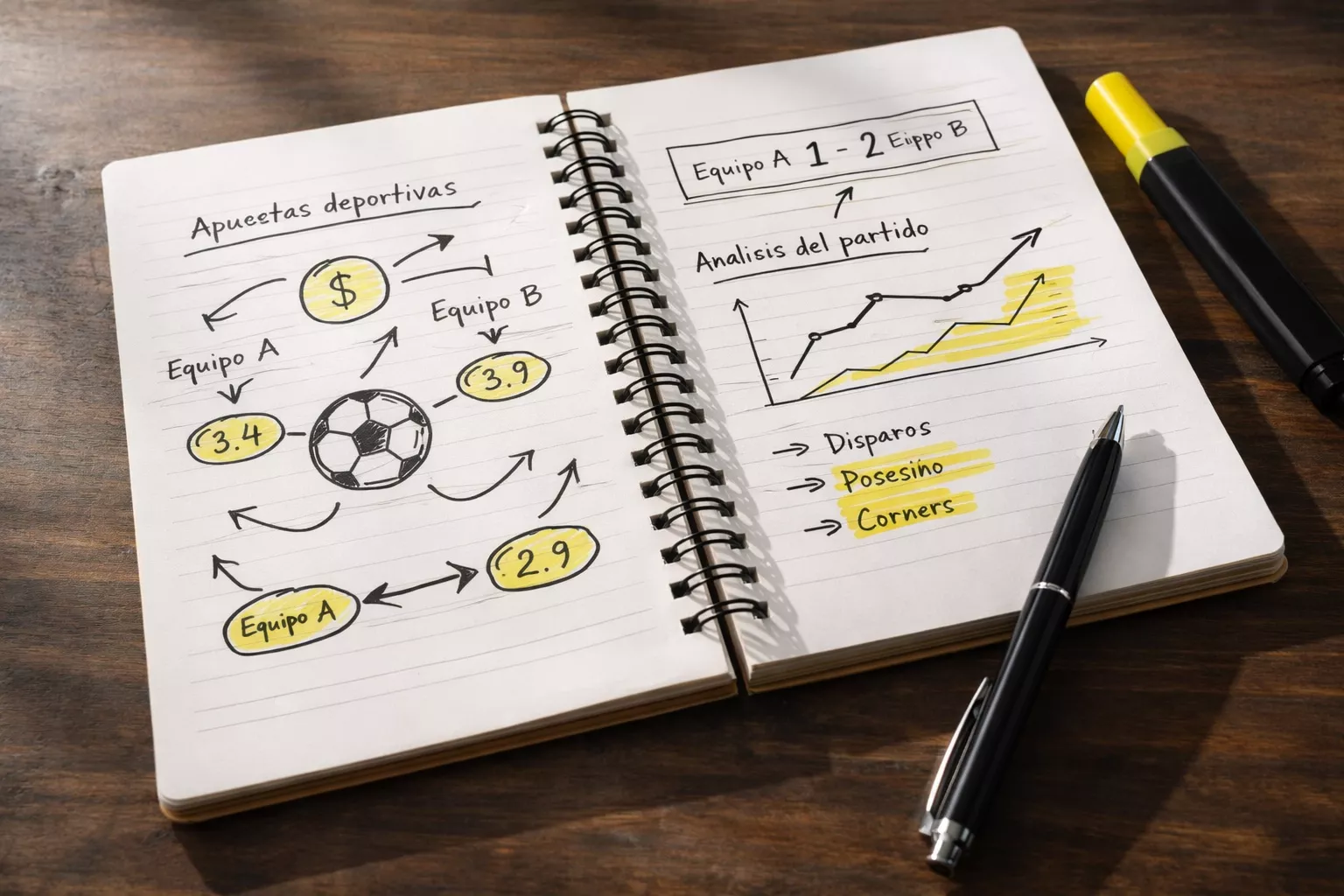 Cuaderno con anotaciones de an&aacute;lisis de partidos junto a bol&iacute;grafo