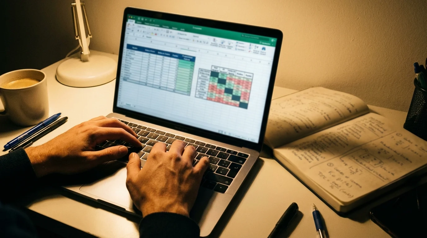 Persona trabajando en una hoja de cálculo con datos estadísticos de fútbol en la pantalla del ordenador