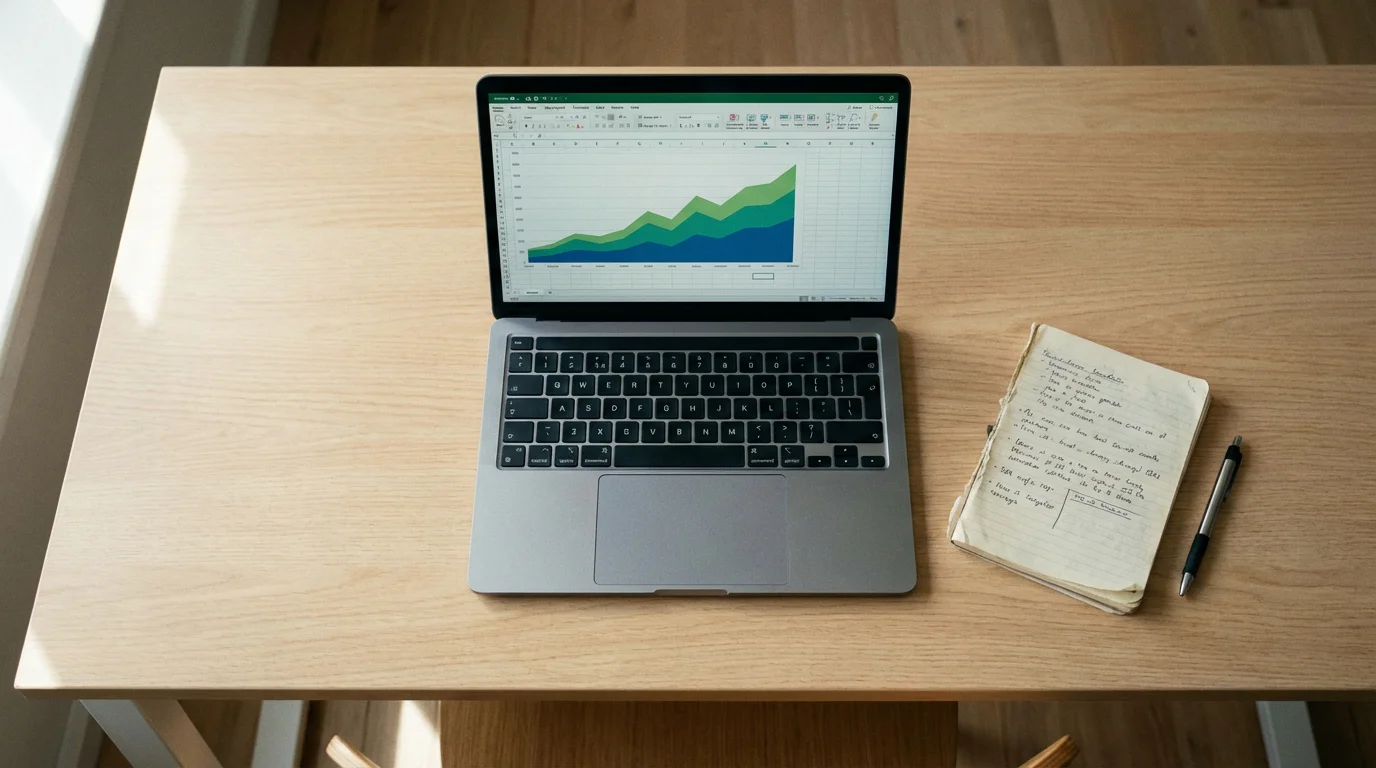Portátil abierto mostrando una hoja de cálculo con gráficos de líneas junto a un bloc de notas