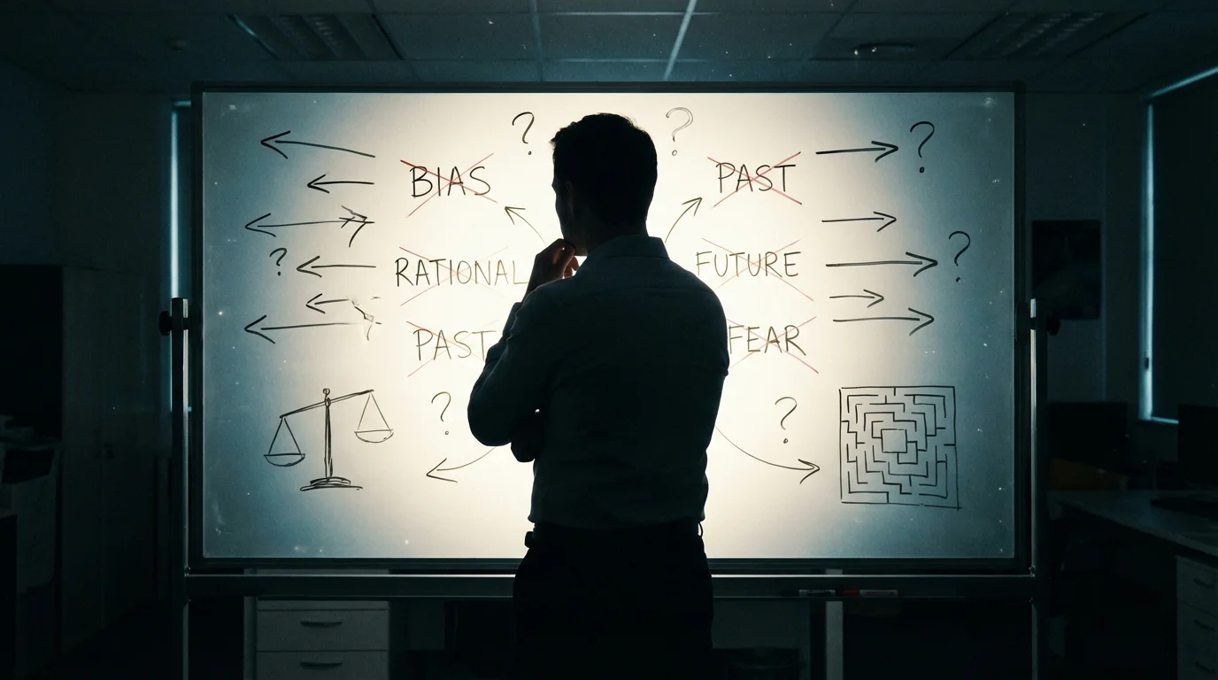 Silueta de una persona pensativa frente a una pizarra con flechas y decisiones contradictorias