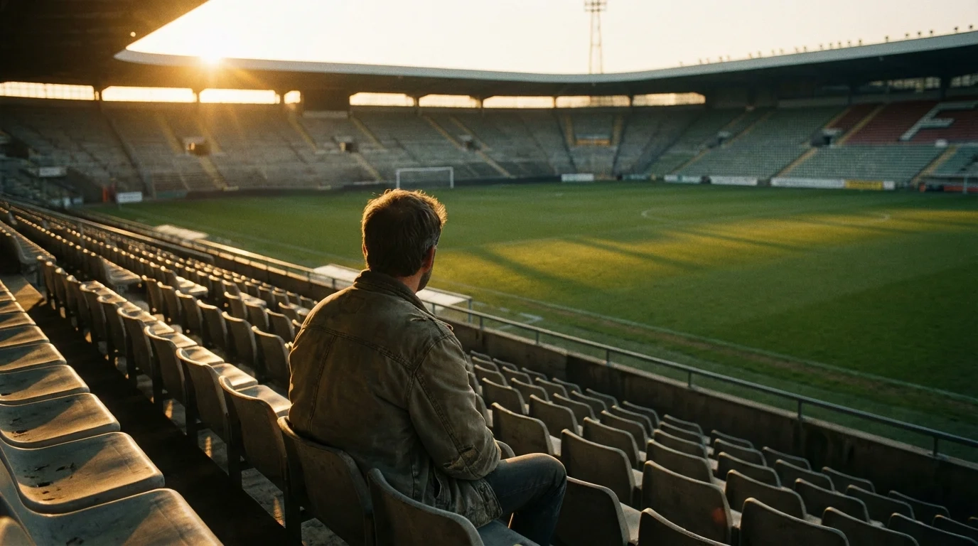 Apostador pensativo mirando un campo de fútbol vacío desde las gradas al atardecer