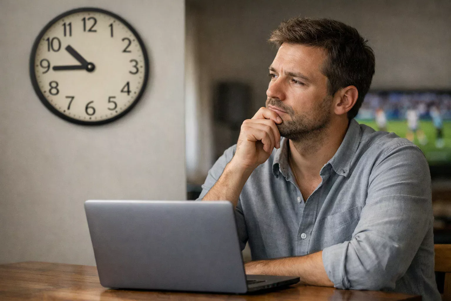 Persona con expresi&oacute;n pensativa mirando el reloj mientras sigue un partido de f&uacute;tbol