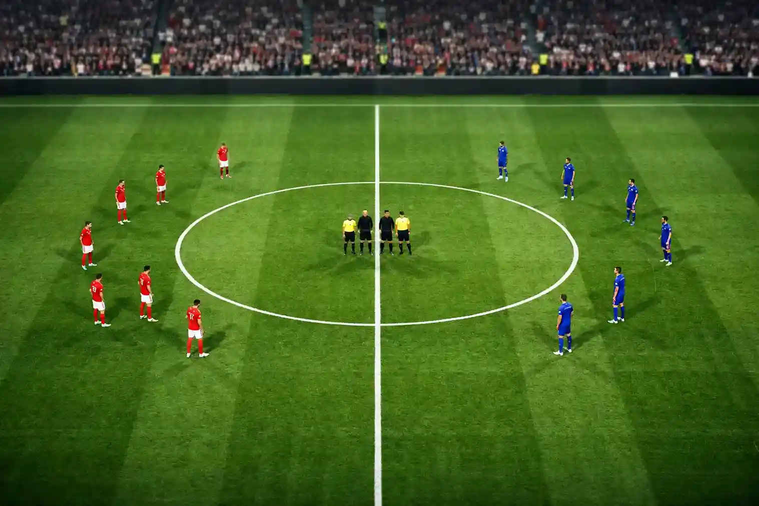 Jugadores de fútbol en el centro del campo antes del inicio de un partido