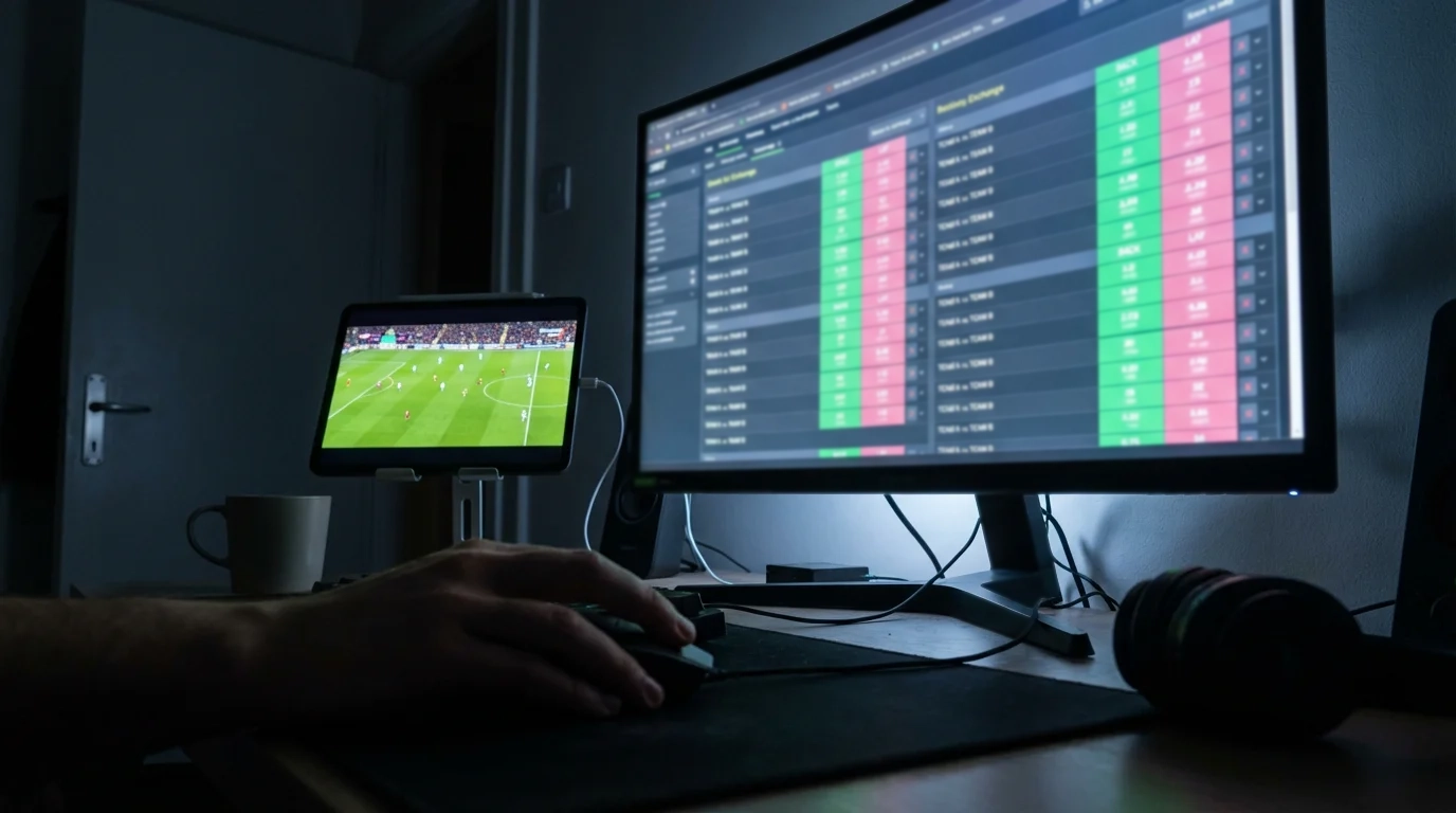 Pantalla de un exchange de apuestas deportivas mostrando cuotas en movimiento durante un partido de fútbol