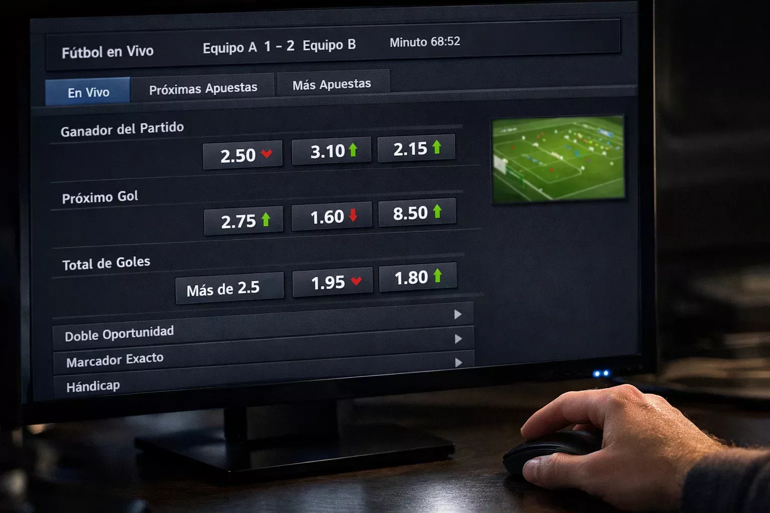Pantalla mostrando cuotas de apuestas en vivo cambiando durante un partido de f&uacute;tbol